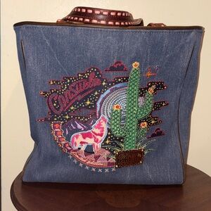 Consuela denim tote bag applique’& embroidery  contrast saddle stitched handles
